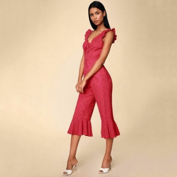 Lulus Pants - Lulus Morning Glory Berry Red Lace-Up Jumpsuit NWT